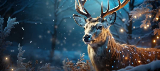 Fotobehang Festive snowy scene featuring snow-covered hills, a mountainous village, deer, woodland, pine trees, and reindeer. Seasonal natural backdrop with fox, elevations, and dwellings. © Juan
