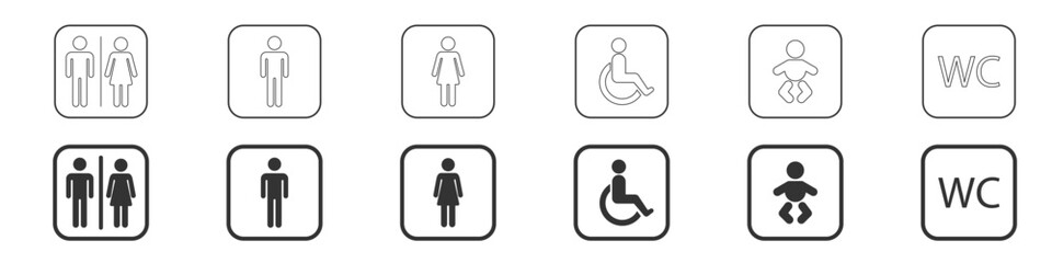 WC signs set. Toilet icons set, man and woman symbol. Toilet signs, WC signs on isolated background. Vector illustration EPS 10