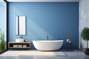 Interior of modern bathroom with blue walls, concrete floor, comfortable white bathtub standing on wooden shelf and vertical mock up poster