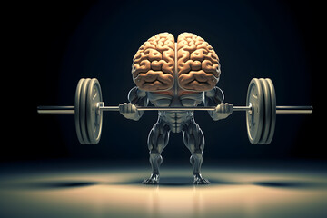 Brain lifting weight. Strong mentality, genius, mental health concept. - obrazy, fototapety, plakaty