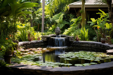 Fountain with water in a botanical flower garden of a house, natural and healthy lifestyle concept, AI generated