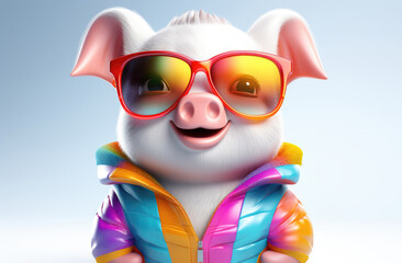 A sassy and vibrant pig adorned with sunglasses is depicted in a vibrant and playful illustration, ideally suited for imaginative and whimsical creations. - obrazy, fototapety, plakaty