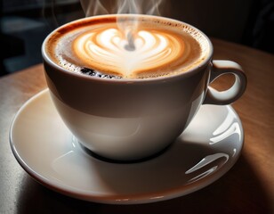 Single isolated hot steamy cappucino coffee morning drink in white cup with saucer on a cafe table