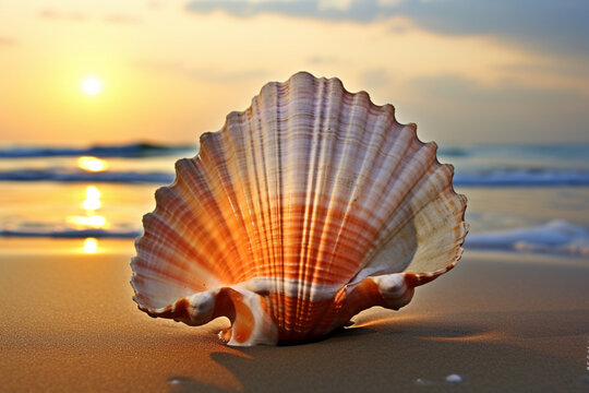 Shell, sunny day on the beach, cocha in the area, with sea views, peace and tranquility concept, AI generated