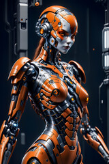 A orange female cyborg with delightfull eyes standing in a dark spaceship hallway.
