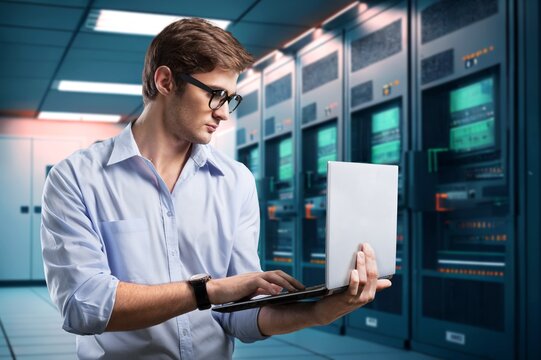 Futuristic Concept: Data Center Technology Officer with Laptop, AI generated image