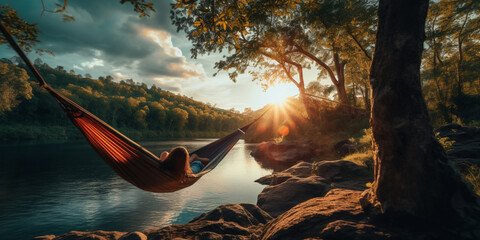 Tranquility in hammock sunset view, forest landscape, relax and chill, AI generated