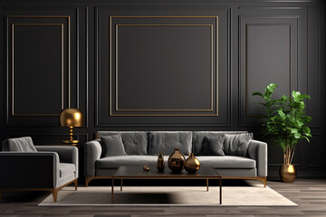 Classic living room interior with black walls, wooden floor, black sofa, coffee table and gold decorations