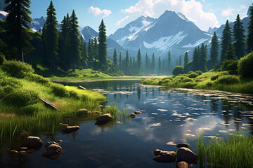 Sunny landscape of a river in a forest with mountains in the background, cold and natural landscape