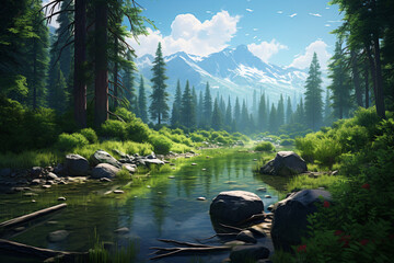 Sunny landscape of a river in a forest with mountains in the background, cold and natural landscape