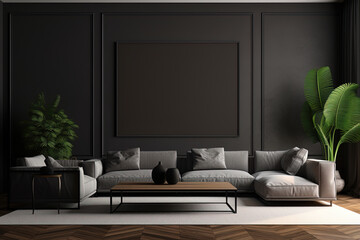 Modern interior of living room with black walls, wooden floor, gray sofa and coffee table