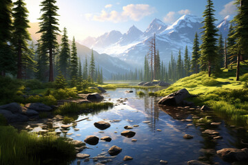 Sunny landscape of a river in a forest with mountains in the background, cold and natural landscape