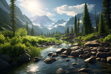 Sunny landscape of a river in a forest with mountains in the background, cold and natural landscape