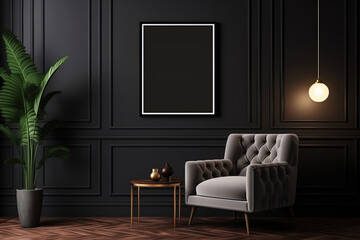Black classic interior with armchair, coffee table and potted plant. Mock up poster frame