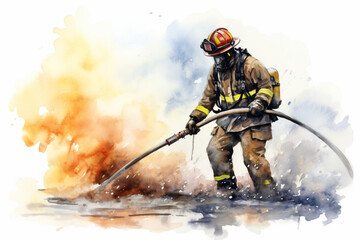 Firefighter putting out fire drawn in watercolor on white background, fire concept, AI generated