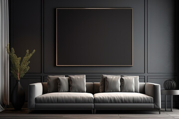 Interior of modern living room with black walls, wooden floor, gray sofa and black mock up poster frame