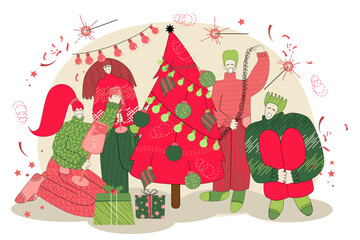 Naklejka premium vector illustration on the theme of Christmas and New Year in flat style. Vector illustration with people celebrating New Year in flat style. Christmas 2024