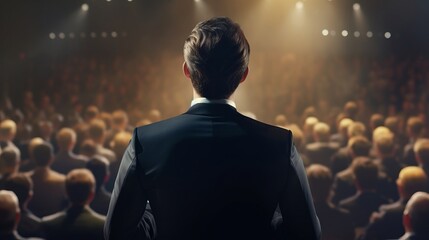 A man addressing a large audience