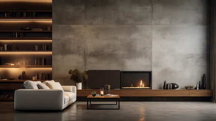 Living room in a design house with a concrete wall as a focal point - obrazy, fototapety, plakaty
