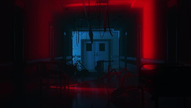 Eerie forward-moving shot of a dark psychiatric ward corridor, overturned beds, flickering lights, Halloween scene. Vertigo effect