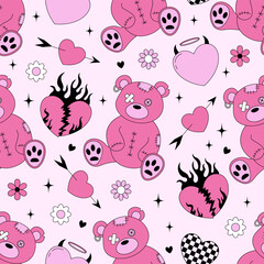 Seamless vector patern with old plush emo bears, burning hearts and flowers. Y2k romantic goth background. Valentine day concept. Glam design