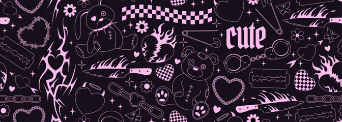 Y2k emo goth seamless banner. Background with old bear and bunny toys, hearts, spikes, tattoo, flame, knife doodles in 2000s style. Black and pink outline glam gothic pattern. Vector design - obrazy, fototapety, plakaty