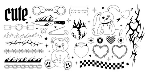 Y2k emo goth outline collection. Old bear and bunny toys, hearts, spikes, tattoo, flame, knife doodles in 2000s style. Black gothic line cliparts. Contour vector illustration - obrazy, fototapety, plakaty