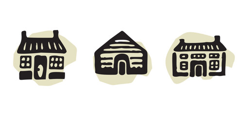 Quirky rural cabin holiday home vector illustration set. Block print real estate graphic for scandi winter scene doodle, whimsy minimal stylized domestic house.