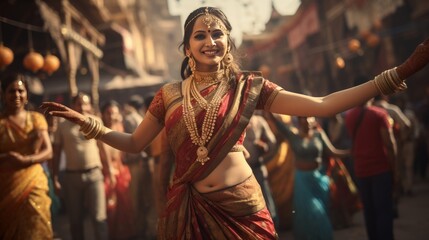A woman gracefully dancing in a vibrant red and gold sari - obrazy, fototapety, plakaty