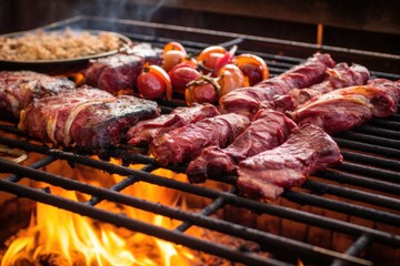 turning over the meats on an argentinian asado mixed grill - obrazy, fototapety, plakaty