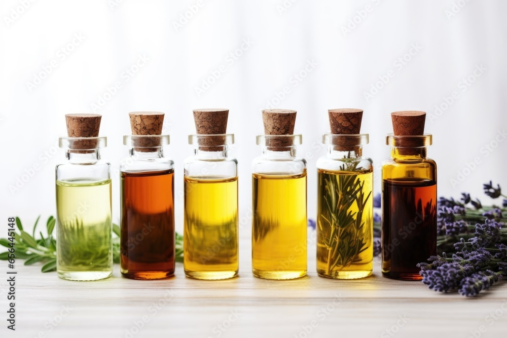 Canvas Prints various essential oil bottles arranged on a white table