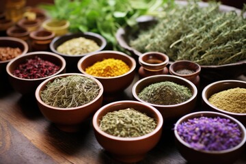 assortment of dried herbs for making essential oils