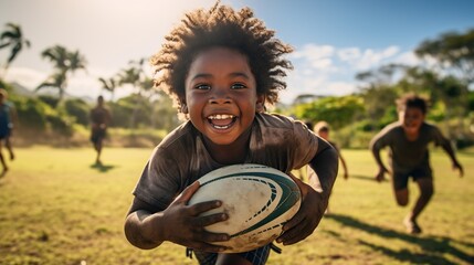 black kid playing rugby and smiling in grass - obrazy, fototapety, plakaty