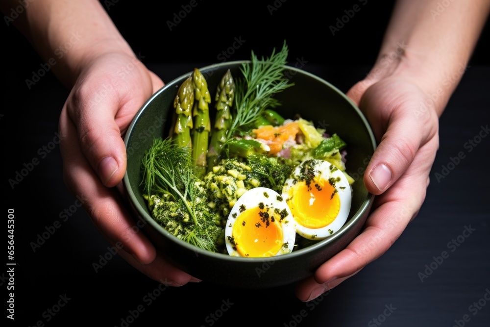 Sticker hand holding a bowl of chilled asparagus and quail egg salad