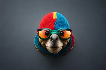 3d view of the snake head wearing goggles , colorful snake wearing glasses, top view, grey background 