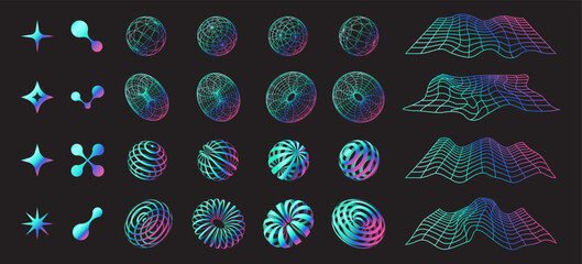 Set of retro abstract 3d shapes and forms, colorful neon geometric y2k objects, vector illustration.