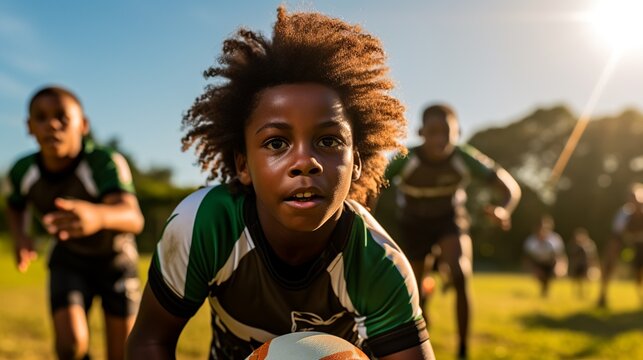 black kid playing rugby serious