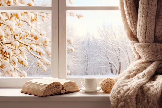 A cozy image that evokes autumn and winter time in front of the window with a book and a cup of coffee. Generative AI