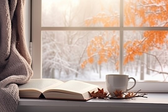 A cozy image that evokes autumn and winter time in front of the window with a book and a cup of coffee. Generative AI