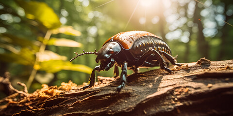 Beetle On Hard Surface With Background Of Dark Trees Insect in the Wilderness Beetle and Trees. AI Generative