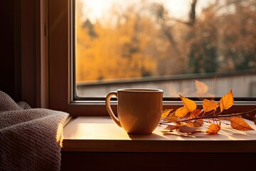 Naklejka na ściany i meble A cozy image that evokes autumn and winter time in front of the window with a book and a cup of coffee. Generative AI