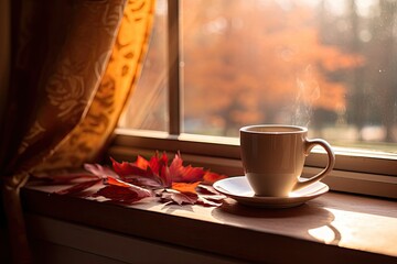 A cozy image that evokes autumn and winter time in front of the window with a book and a cup of coffee. Generative AI