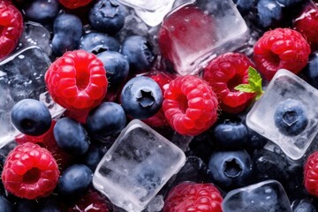 Berries frozen in ice cubes with mint on wooden table background, AI Generated
