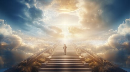 A man ascending a staircase towards a sky full of clouds