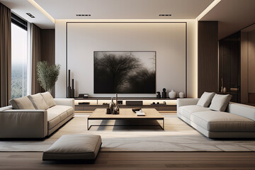 Interior of modern living room with white and brown walls, wooden floor, white sofas and tv on the wall