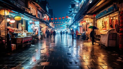 People walking down a city street illuminated by streetlights at night - obrazy, fototapety, plakaty