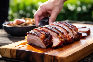 hand serving grilled pork belly on a wooden plate - obrazy, fototapety, plakaty