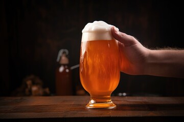 hand foaming up a head on a glass of amber ale