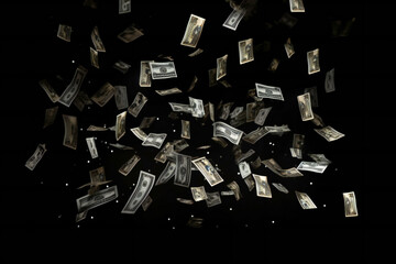 Floating money on black background, ai generated