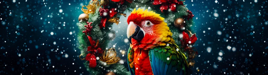 Fotobehang A charming image of a parrot perched on a colorful Christmas wreath as snow gently falls in the background. © Happy Prompt